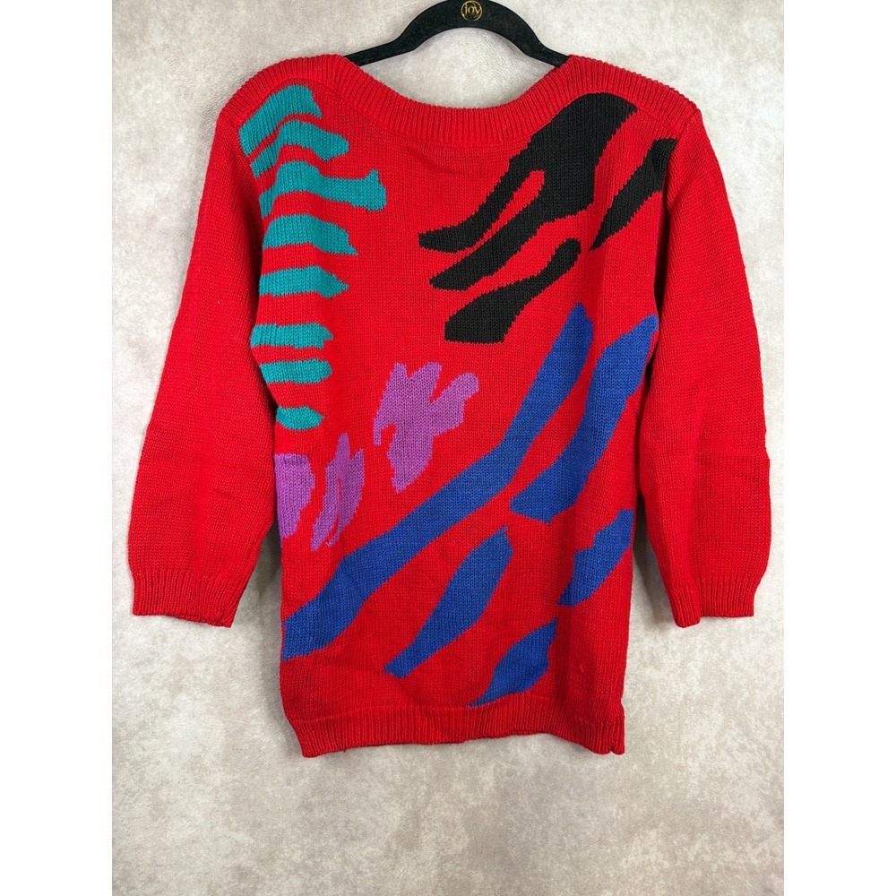 Vintage 80/90s Sophisticate Petites Sweater Womens Small Red Abstract 3/4 Slv